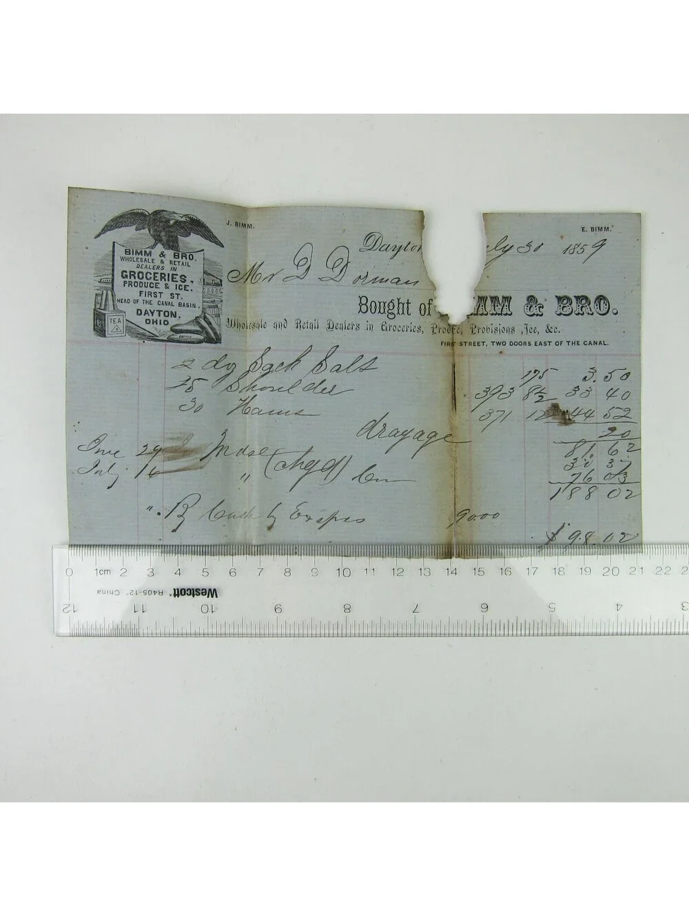 Bimm & Bro Wholesale Groceries Produce & Ice Dayton Ohio Invoice Antique 1859